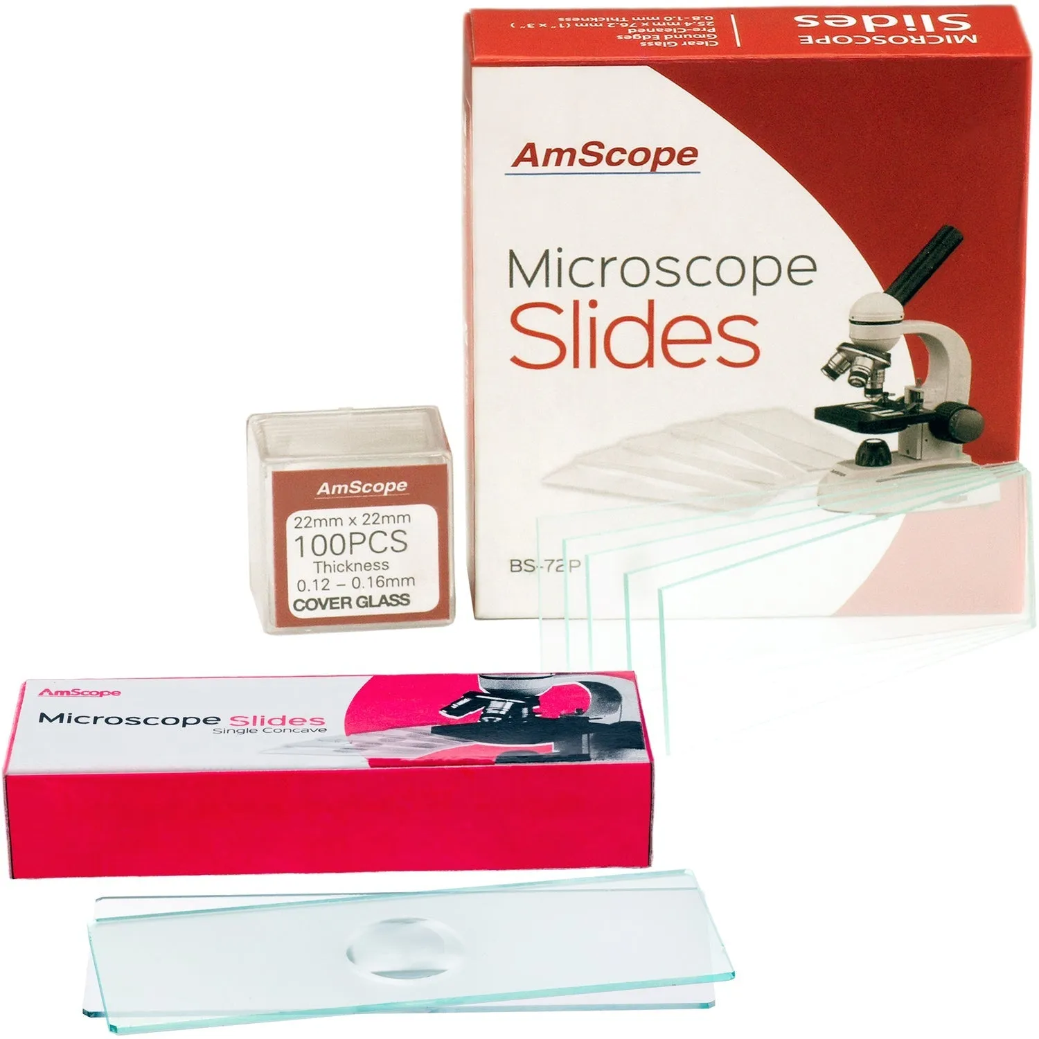 AmScope 72 Pre-Cleaned Blank Plate Microscope Slides and 12 Single Depression Concave Slides   100 Coverslips