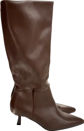 boohoo Brown Wide Fit Low Stiletto Knee High Boots UK 6 EU 39 👠