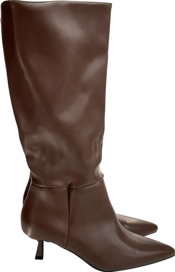 boohoo Brown Wide Fit Low Stiletto Knee High Boots UK 6 EU 39 👠