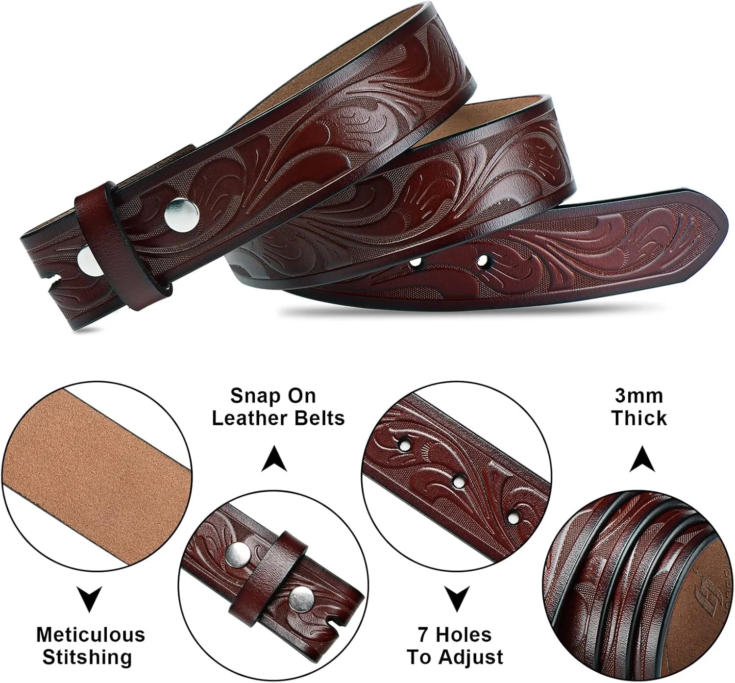 HJones Western Belts for Men without Buckle,Cowboy Belt Buckles for Men,1.5" Wide Genuine Leather Belt No Buckle