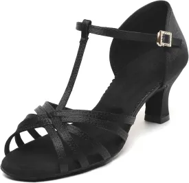 Satin Dance Shoes for Women, Ballroom Dance Shoes Low Heels, Prom Shoes for Woman Dancing, Latin Salsa Dance Heels, Open Toe Ankle T-Strap Sandals, Wedding Dressy Shoes, Suede Sole