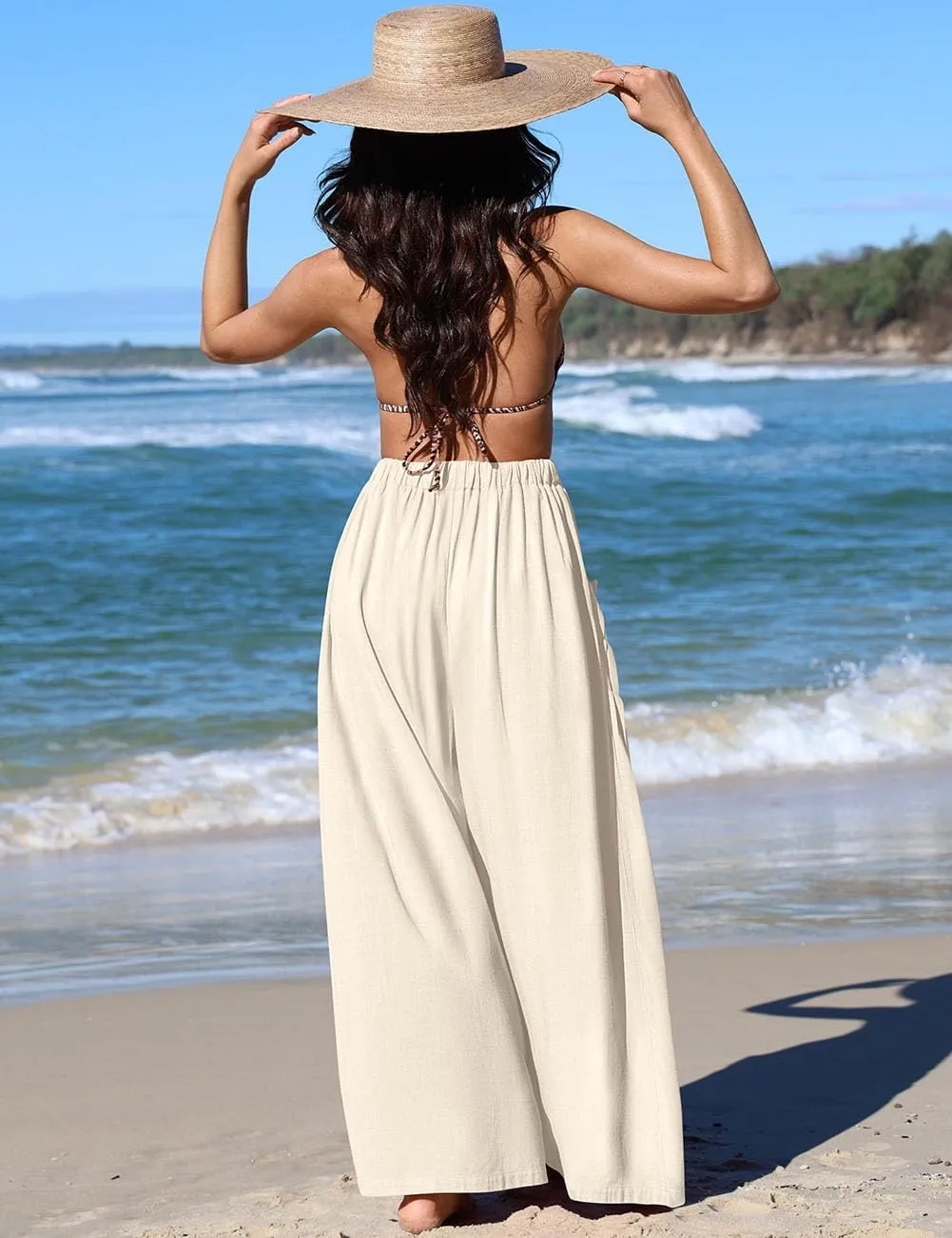 TARSE Women Linen Palazzo Pants Summer Wide Leg Boho Drawstring Casual Lounge Pant Beach Travel Vacation Outfits