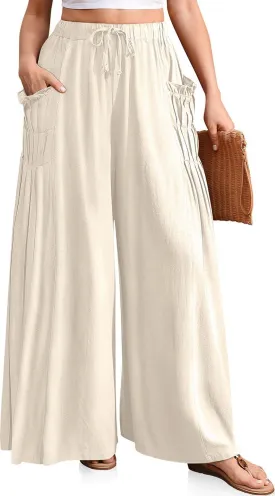 TARSE Women Linen Palazzo Pants Summer Wide Leg Boho Drawstring Casual Lounge Pant Beach Travel Vacation Outfits