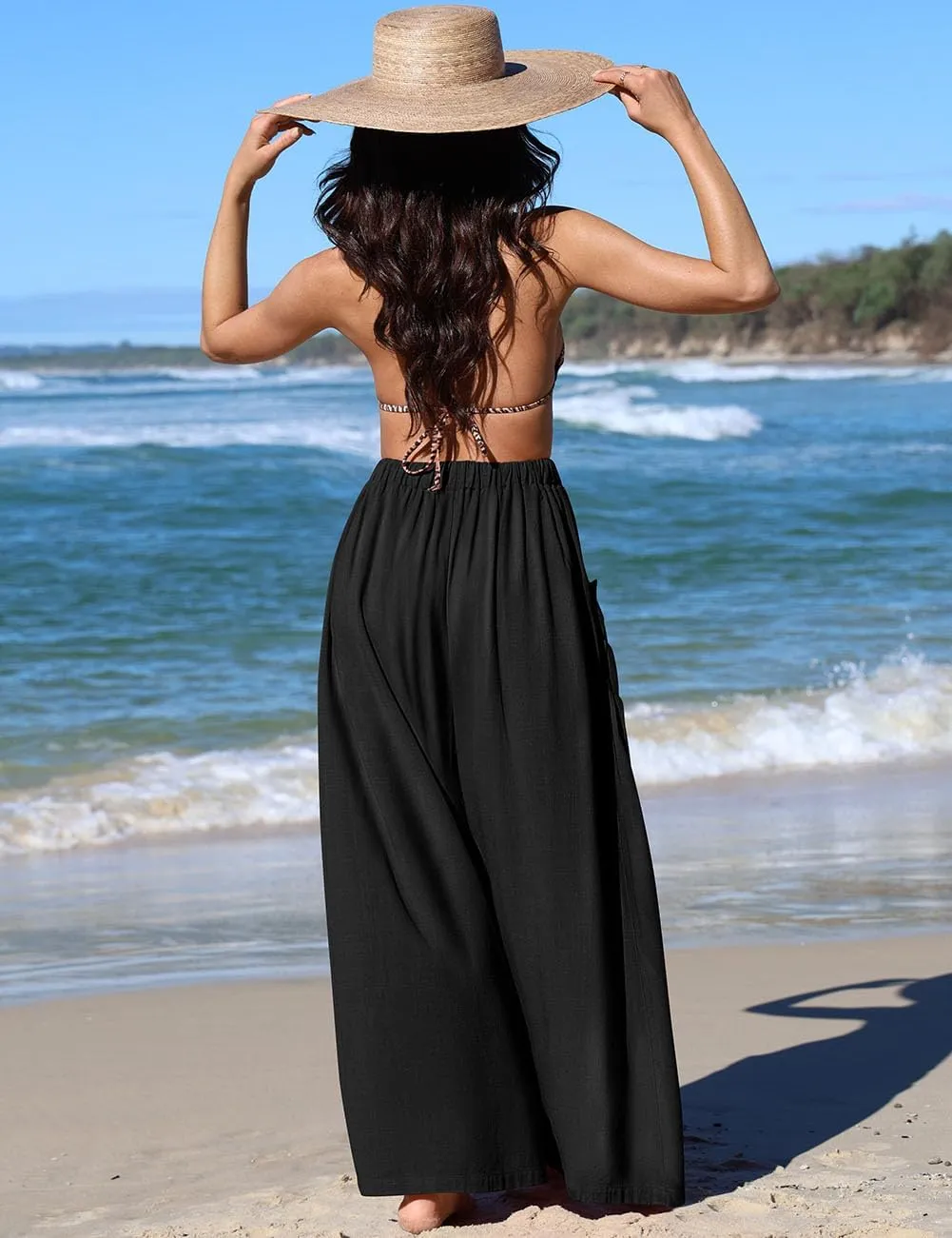 TARSE Women Linen Palazzo Pants Summer Wide Leg Boho Drawstring Casual Lounge Pant Beach Travel Vacation Outfits
