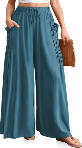 TARSE Women Linen Palazzo Pants Summer Wide Leg Boho Drawstring Casual Lounge Pant Beach Travel Vacation Outfits