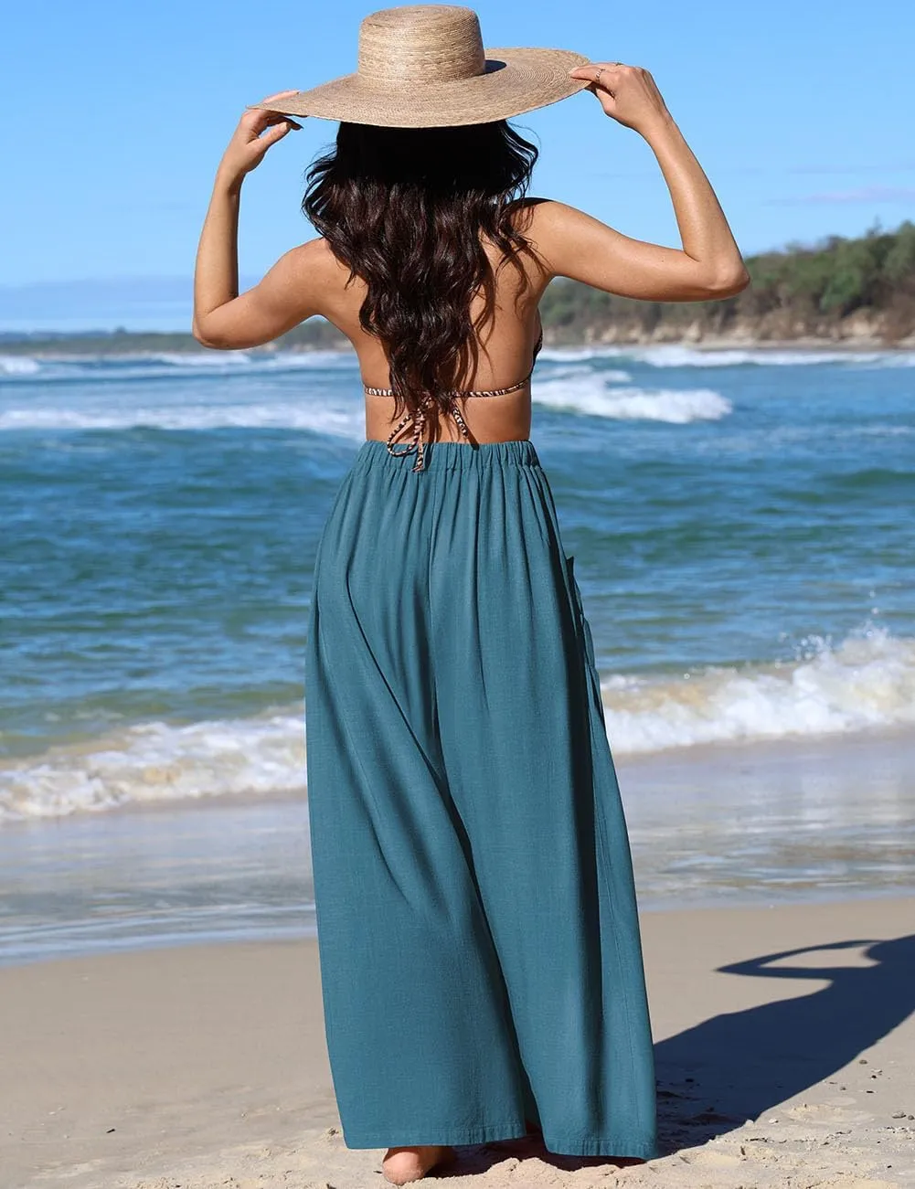 TARSE Women Linen Palazzo Pants Summer Wide Leg Boho Drawstring Casual Lounge Pant Beach Travel Vacation Outfits